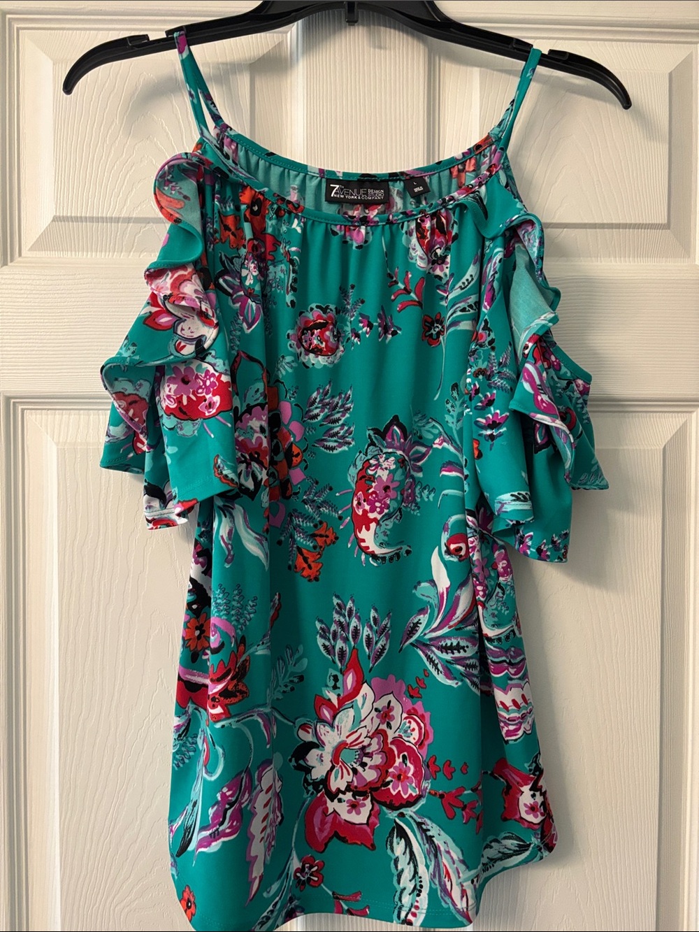 New York & Company Teal Floral Cold-Shoulder Camisole